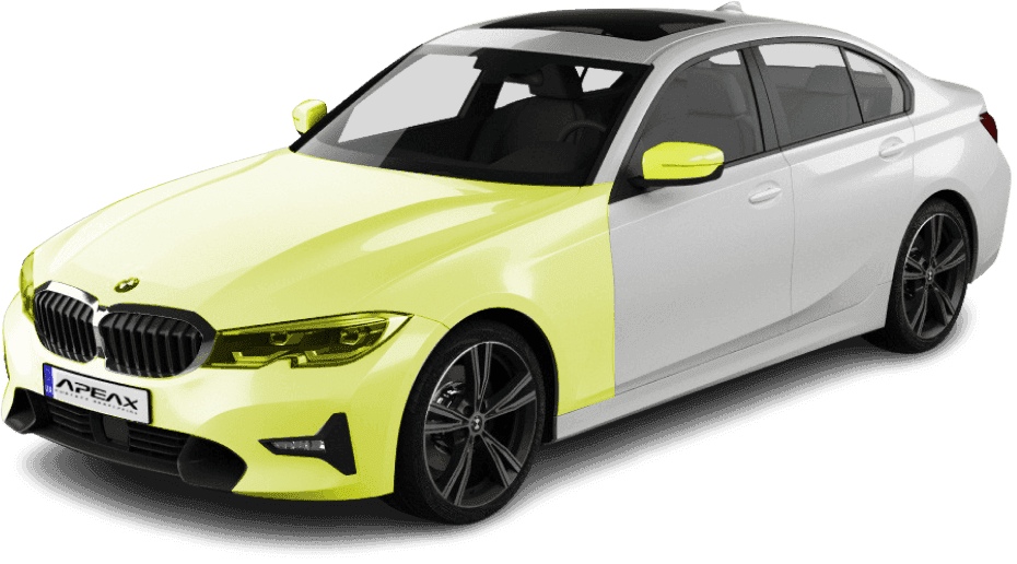 BMW sedan with partial yellow wrap | PPF Manufacturer | Apeax