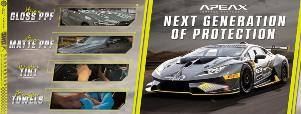 Apeax banner featuring gloss PPF, matte PPF, window tint, and tools